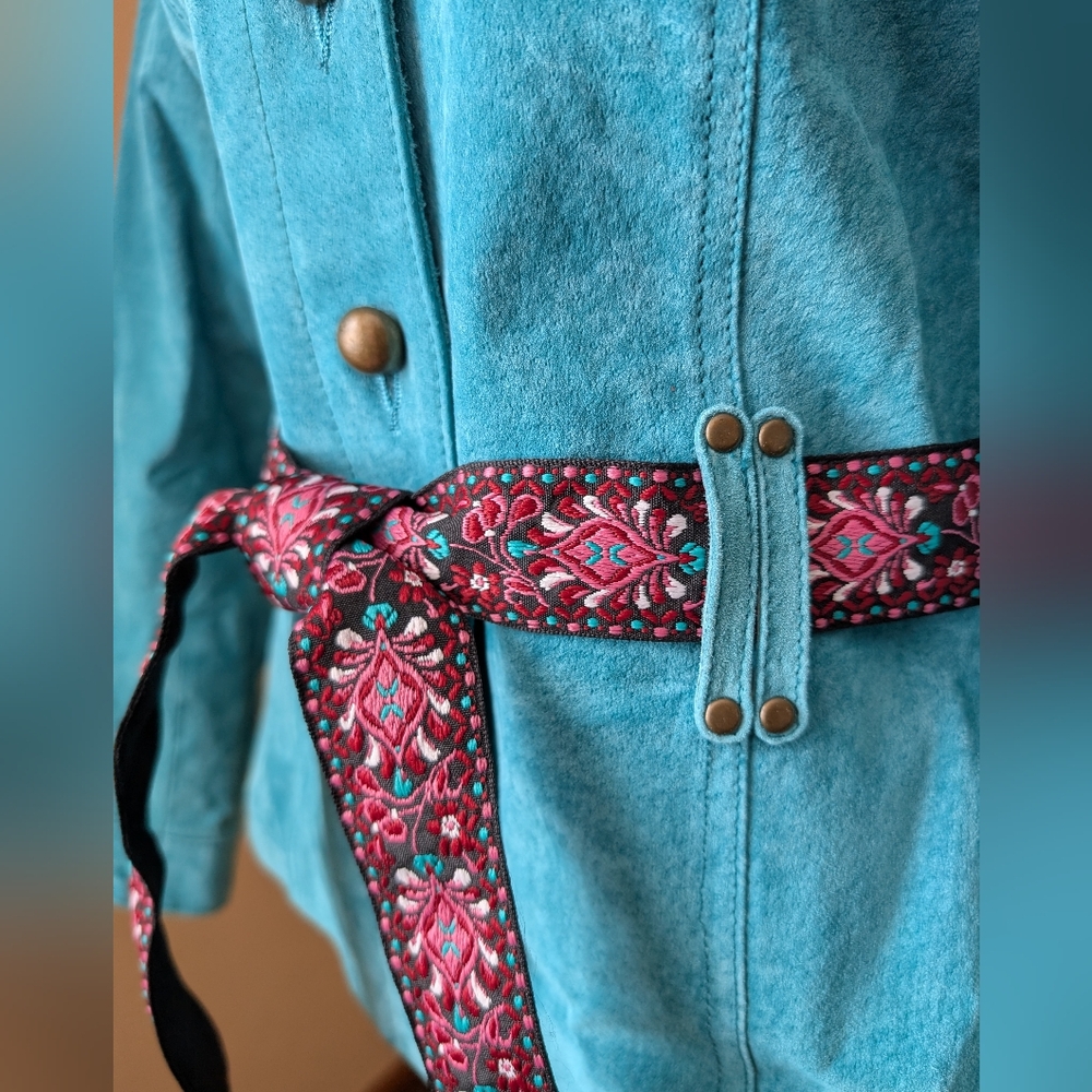Ruff Hewn Suede Turquoise Utility Jacket with Patterned Belt Women's Size M - Picture 8 of 13